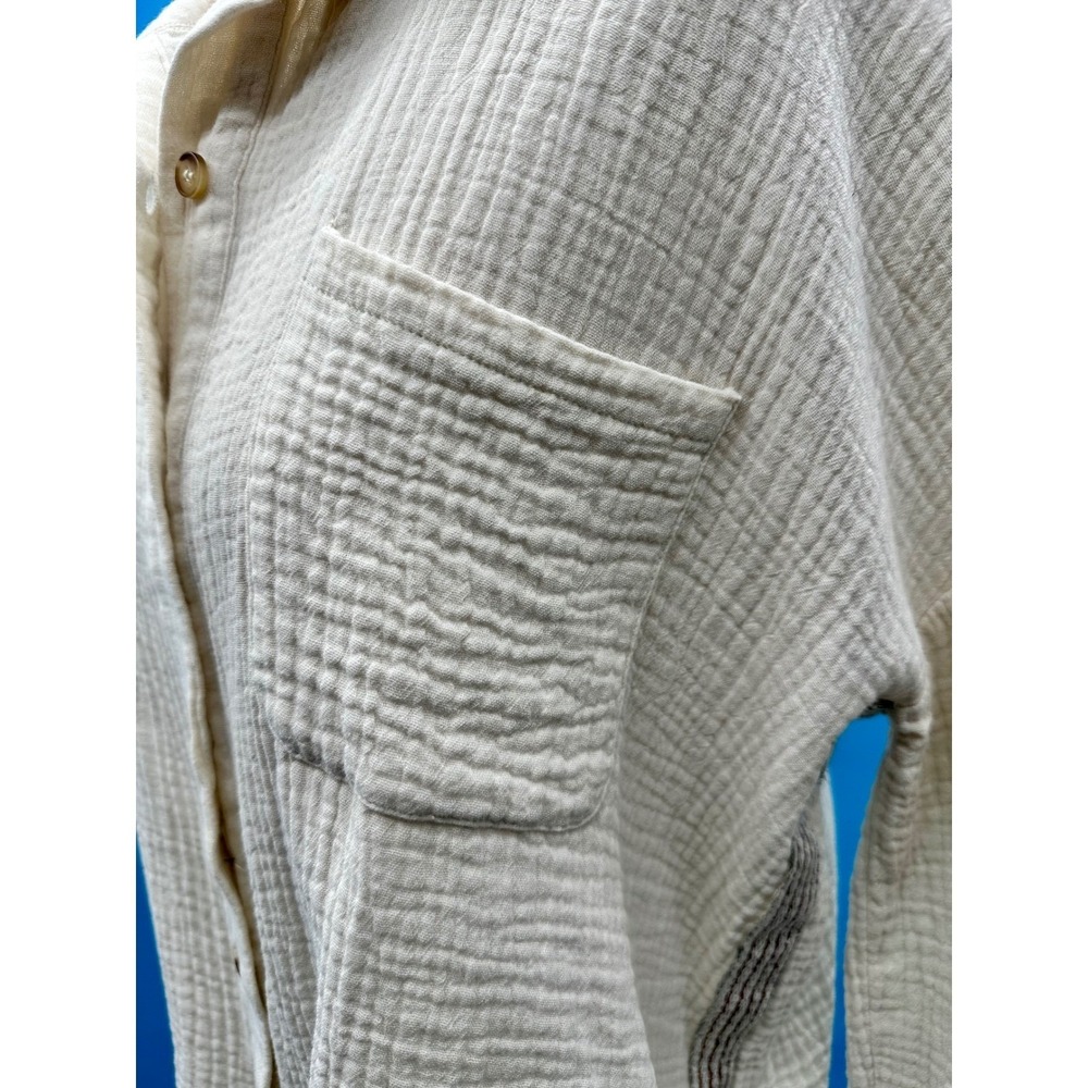 Hem & Thread Cream Cotton Gauze Frayed Hem Button Down Shirt Womens Lg Lagenlook - Picture 2 of 16